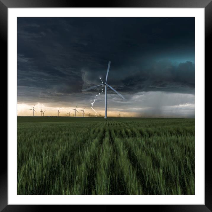 Lightning Bolt over a wind farm  Framed Mounted Print by John Finney
