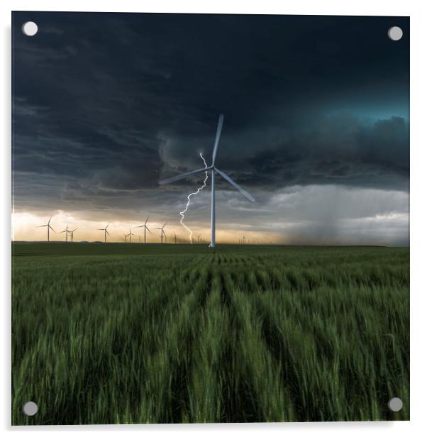 Lightning Bolt over a wind farm  Acrylic by John Finney