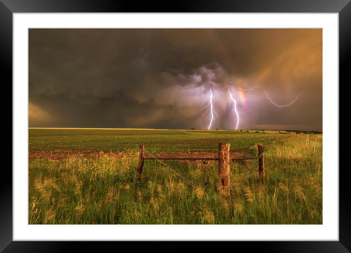 Double rainbow and lightning Framed Mounted Print by John Finney