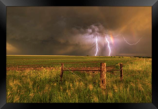 Double rainbow and lightning Framed Print by John Finney