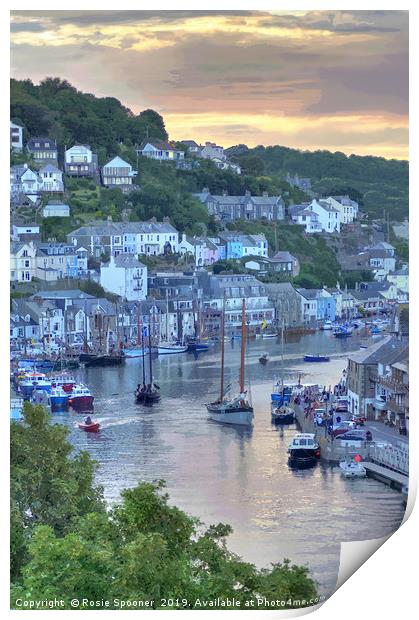Sunset on The River Looe as Luggers arrive Print by Rosie Spooner