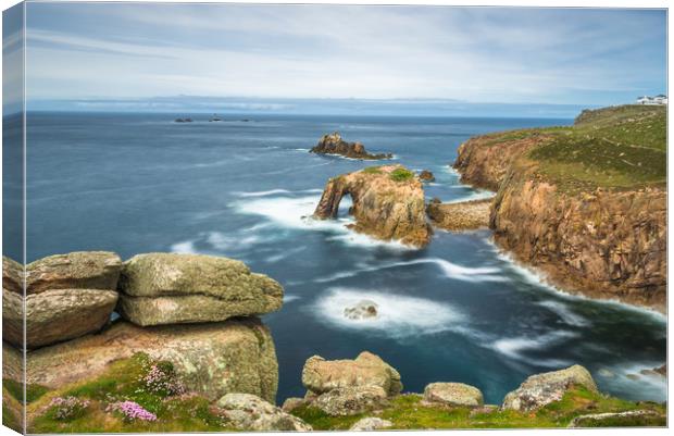 Enys Dodnan and the Armed Knight at Lands End Canvas Print by Andrew Michael