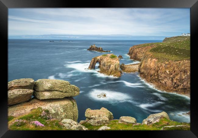 Enys Dodnan and the Armed Knight at Lands End Framed Print by Andrew Michael