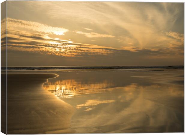 Westward Ho! reflective beach sunset in Devon Canvas Print by Tony Twyman