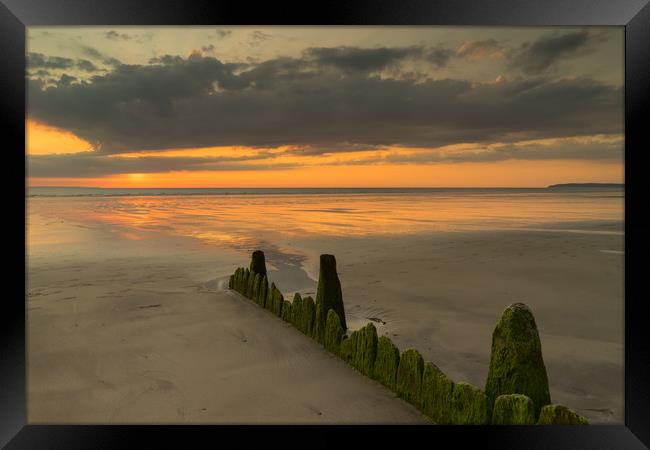 Westward Ho! sunset with weathered beach groynes Framed Print by Tony Twyman
