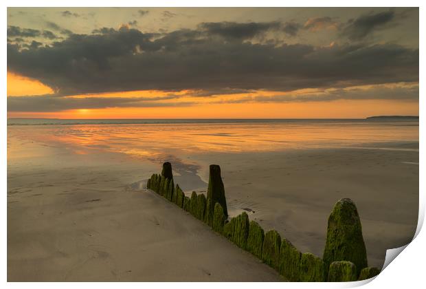 Westward Ho! sunset with weathered beach groynes Print by Tony Twyman