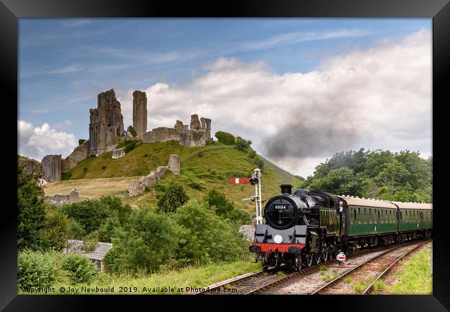 Steam Train passing Corfe Castle, Dorset Framed Print by Joy Newbould