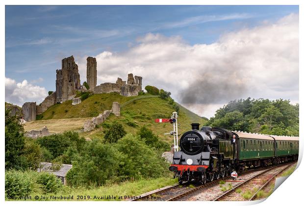 Steam Train passing Corfe Castle, Dorset Print by Joy Newbould