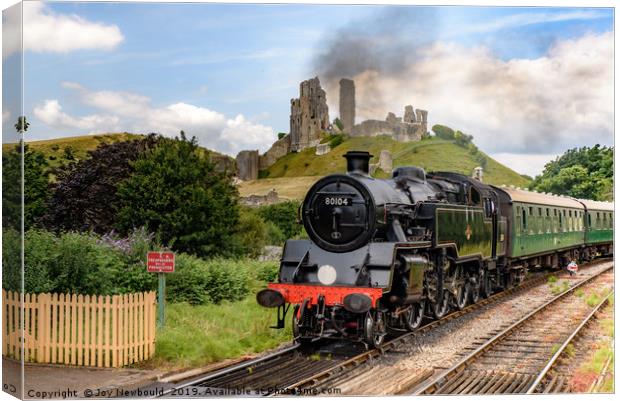 Steam Engine No 80801 as it passes Corfe Castle in Canvas Print by Joy Newbould