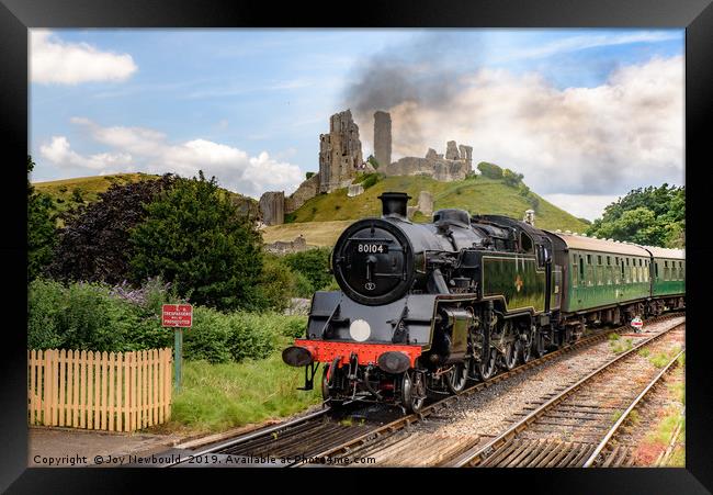 Steam Engine No 80801 as it passes Corfe Castle in Framed Print by Joy Newbould