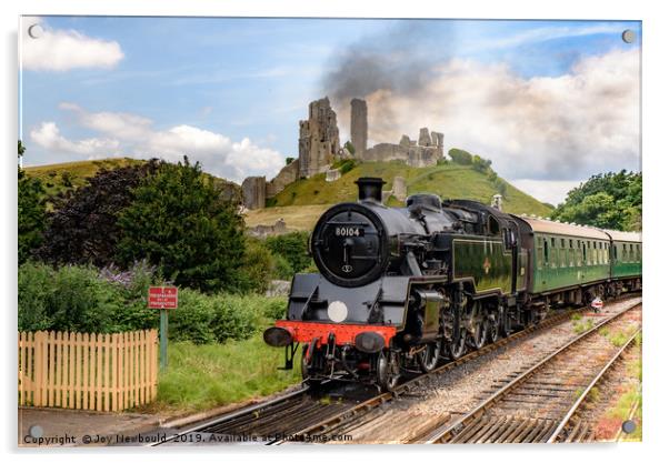 Steam Engine No 80801 as it passes Corfe Castle in Acrylic by Joy Newbould