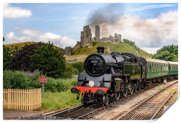 Steam Engine No 80801 as it passes Corfe Castle in Print by Joy Newbould