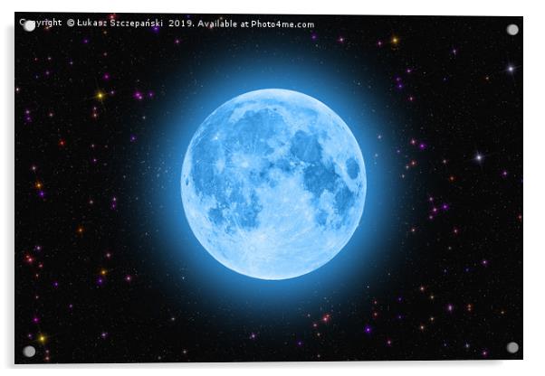 Blue super moon glowing against colorful starry sk Acrylic by Łukasz Szczepański