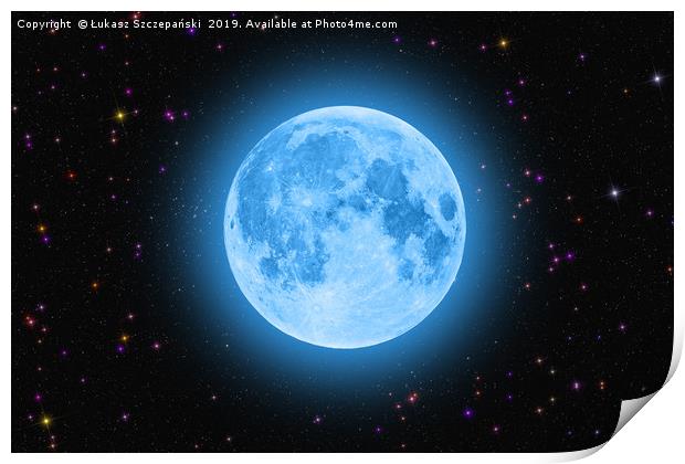 Blue super moon glowing against colorful starry sk Print by Łukasz Szczepański