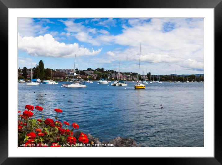 Boats moored on Lake Geneva by the town of Morges, Framed Mounted Print by Mehul Patel