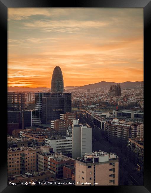 Barcelona cityscape at sunset  Framed Print by Mehul Patel