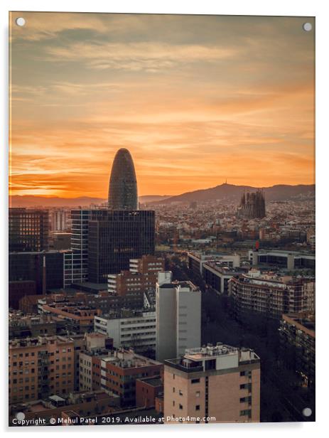Barcelona cityscape at sunset  Acrylic by Mehul Patel