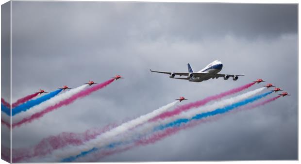 Red Arrows and BOAC 747 Fly Past Canvas Print by J Biggadike
