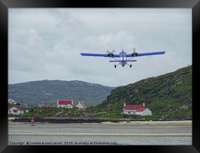 Plane taking off at Barra airport Framed Print by yvonne & paul carroll