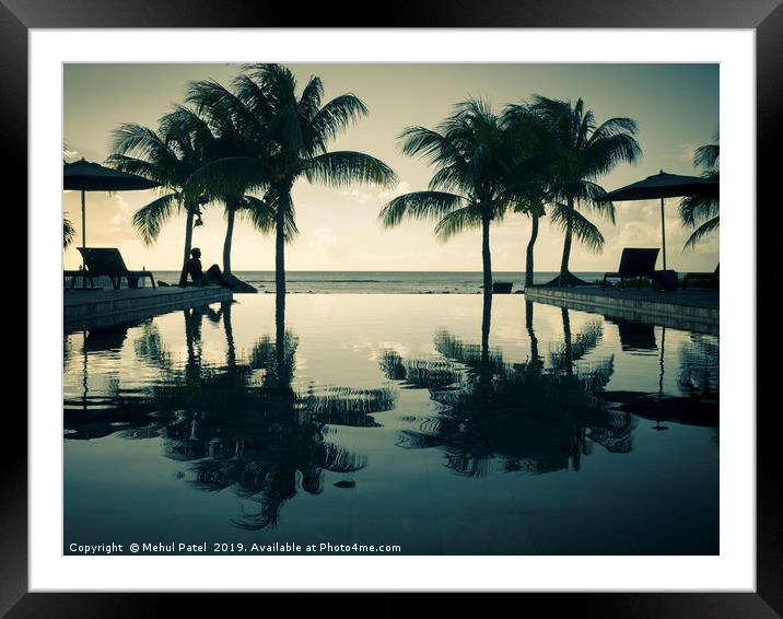Silohuette person by Infinity pool with a sea view Framed Mounted Print by Mehul Patel
