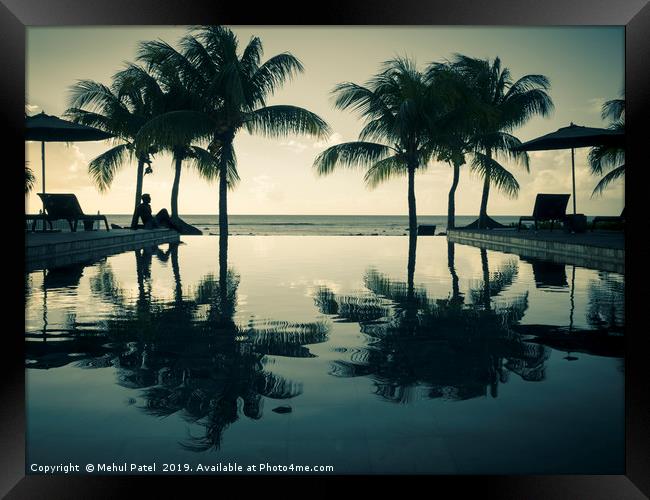 Silohuette person by Infinity pool with a sea view Framed Print by Mehul Patel