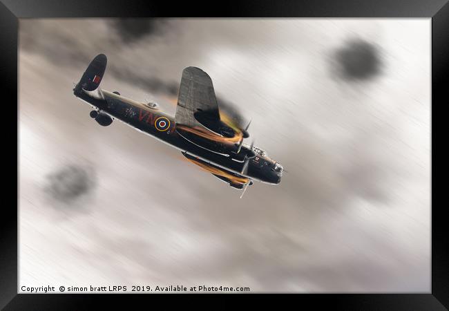 Lancaster bomber on fire crashing Framed Print by Simon Bratt LRPS