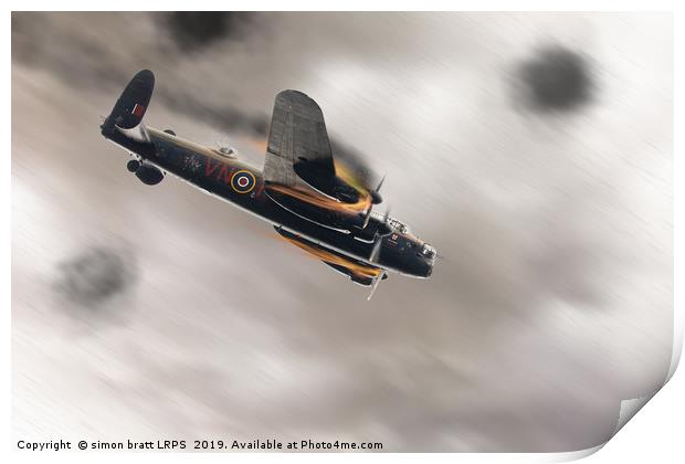 Lancaster bomber on fire crashing Print by Simon Bratt LRPS