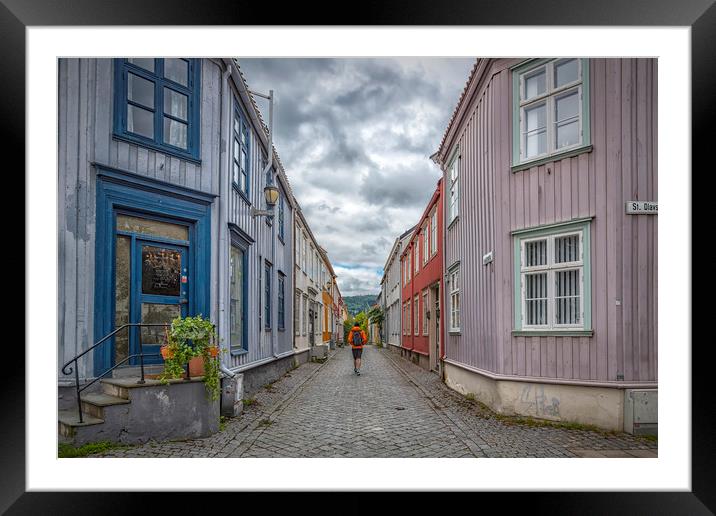 Trondheim Narrow Street with Backpacker Framed Mounted Print by Antony McAulay