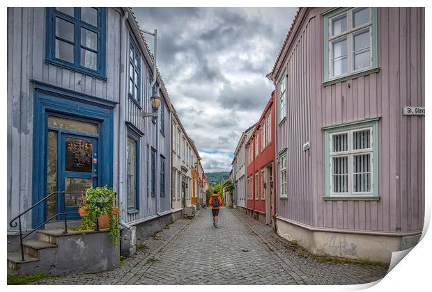 Trondheim Narrow Street with Backpacker Print by Antony McAulay