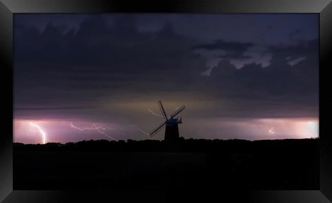 Lightning over Burnham Overy Staithe mill  Framed Print by Gary Pearson