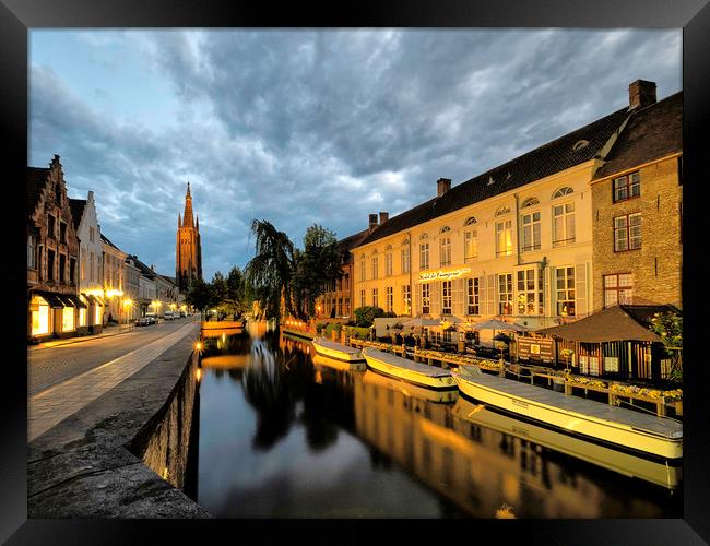 Brugges waterways and canals at night Framed Print by Graham Light