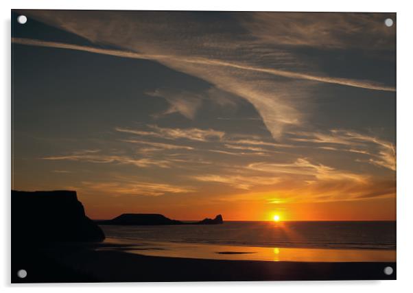 Sunset over worms Head, Gower Peninsula, Rhossili, Acrylic by Graham Light