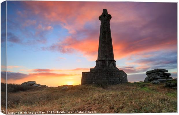 Bassett Monument at sunrise (Carn Brea) Canvas Print by Andrew Ray