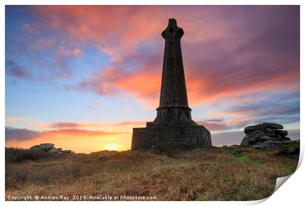 Bassett Monument at sunrise (Carn Brea) Print by Andrew Ray