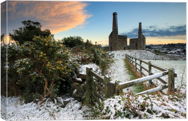 Snow at sunset (Wheal Unity Wood Mines) Canvas Print by Andrew Ray