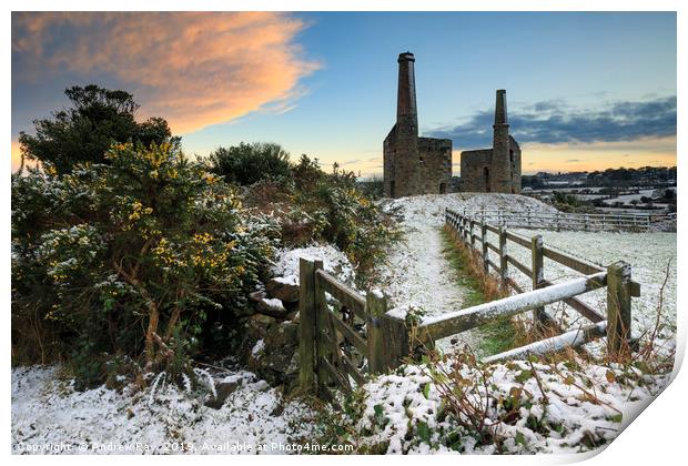 Snow at sunset (Wheal Unity Wood Mines) Print by Andrew Ray