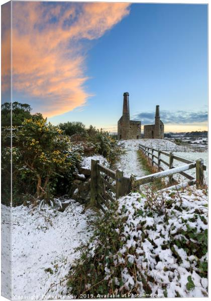 Snowy sunset (Wheal Unity Wood Mines) Canvas Print by Andrew Ray