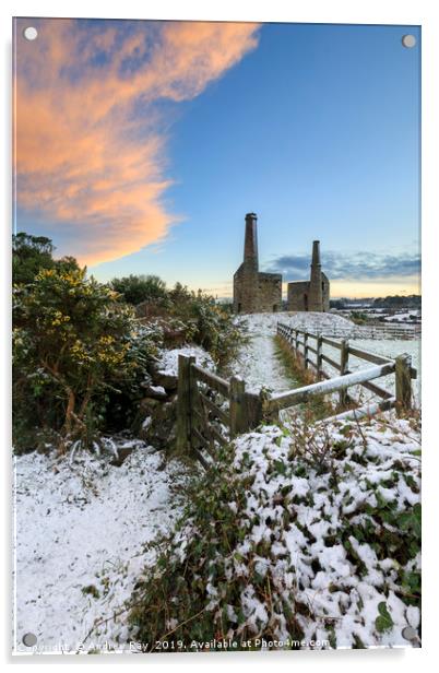 Snowy sunset (Wheal Unity Wood Mines) Acrylic by Andrew Ray
