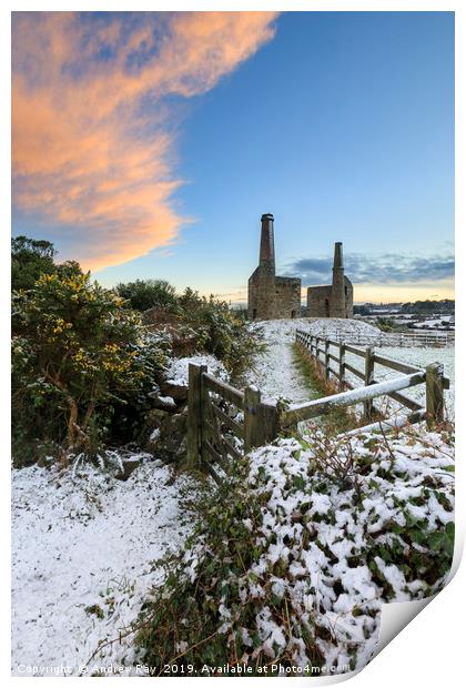 Snowy sunset (Wheal Unity Wood Mines) Print by Andrew Ray