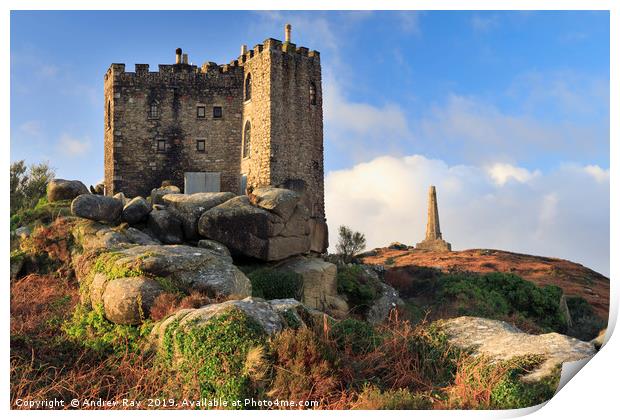 Castle and monument (Carn Brea) Print by Andrew Ray