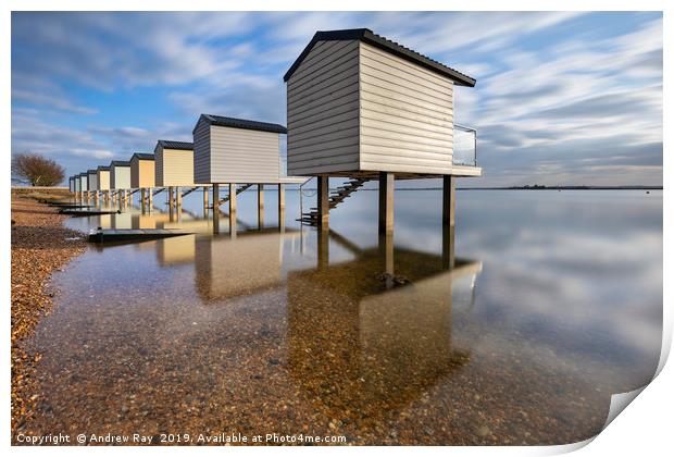 Reflections at Osea Beach Huts. Print by Andrew Ray
