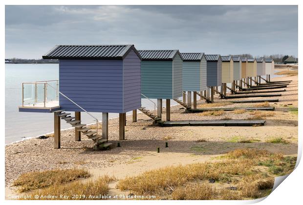 Osea Beach Huts (Blackwater Estuary) Print by Andrew Ray