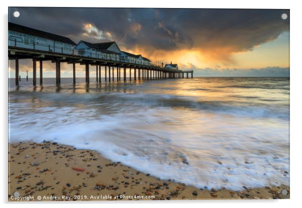 Stormy clouds at sunrise (Southwold Pier) Acrylic by Andrew Ray