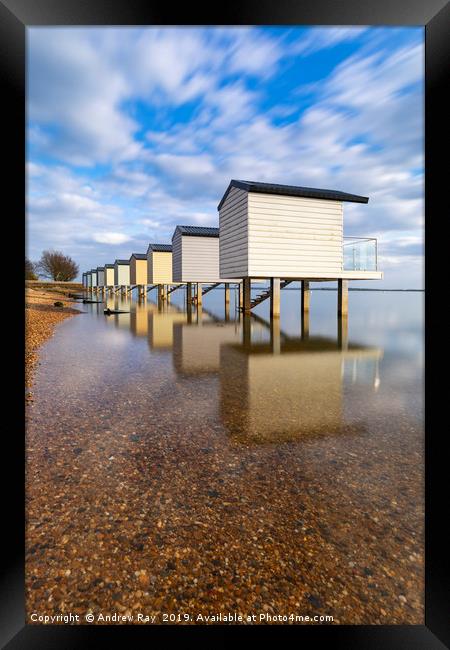 Osea Beach Hut reflections Framed Print by Andrew Ray