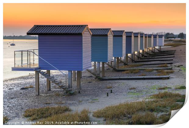 Osea Beach Huts at sunset Print by Andrew Ray