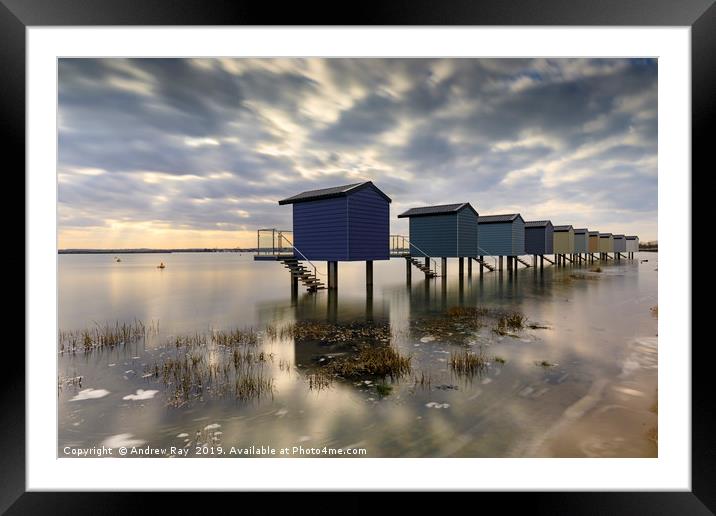 High tide at Osea Beach Huts (Blackwater Estuary) Framed Mounted Print by Andrew Ray