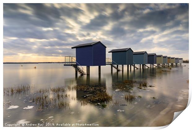 High tide at Osea Beach Huts (Blackwater Estuary) Print by Andrew Ray