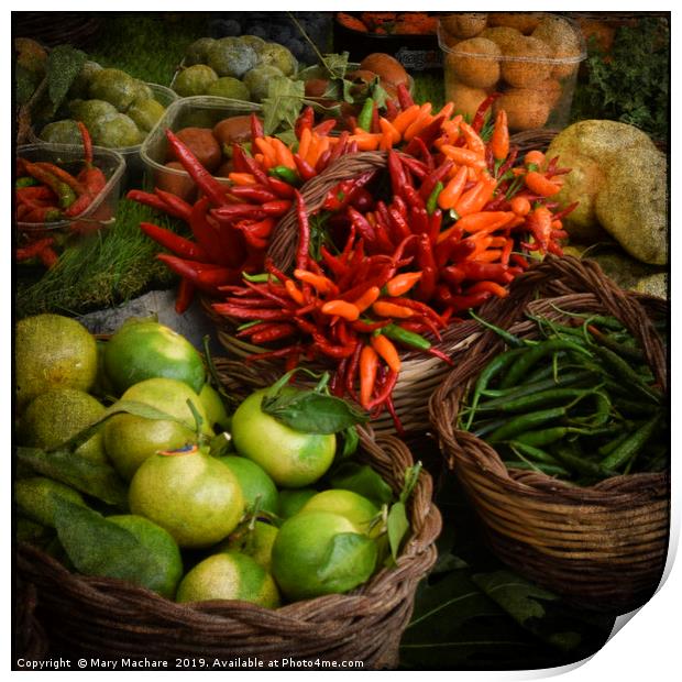 Red, Orange and Green Peppers at the Market Print by Mary Machare