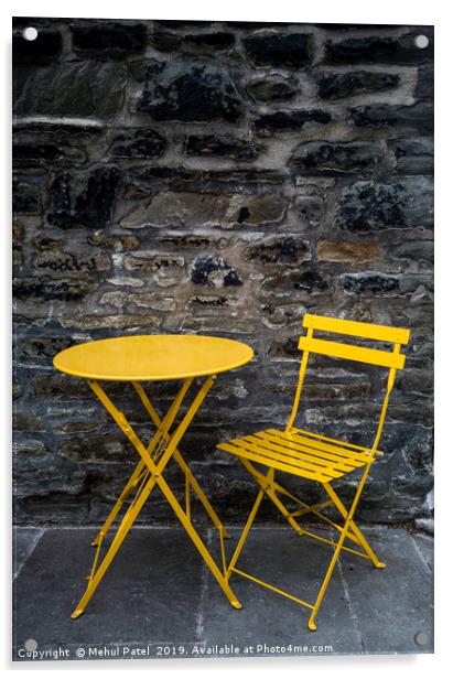 Yellow chair and table by stone wall  Acrylic by Mehul Patel