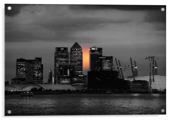 Sunset over Canary Wharf London  Acrylic by sylvia scotting